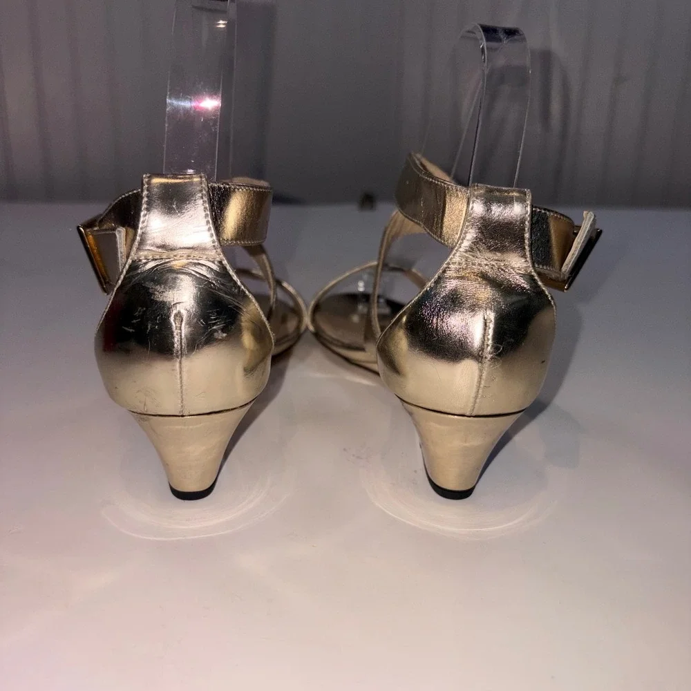 Jimmy Choo Wedge Sandals 35 Gold Metallic Leather Strappy Buckle Ankle Strap